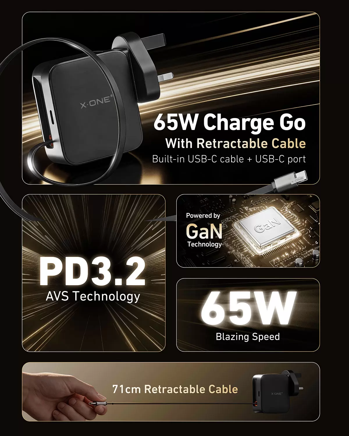 Carga de 65 W, retr&aacute;ctil.